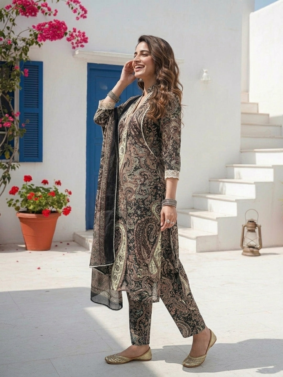Paisley Ethnic Printed Lace A-Line Kurta with Palazzo & Dupatta - Black