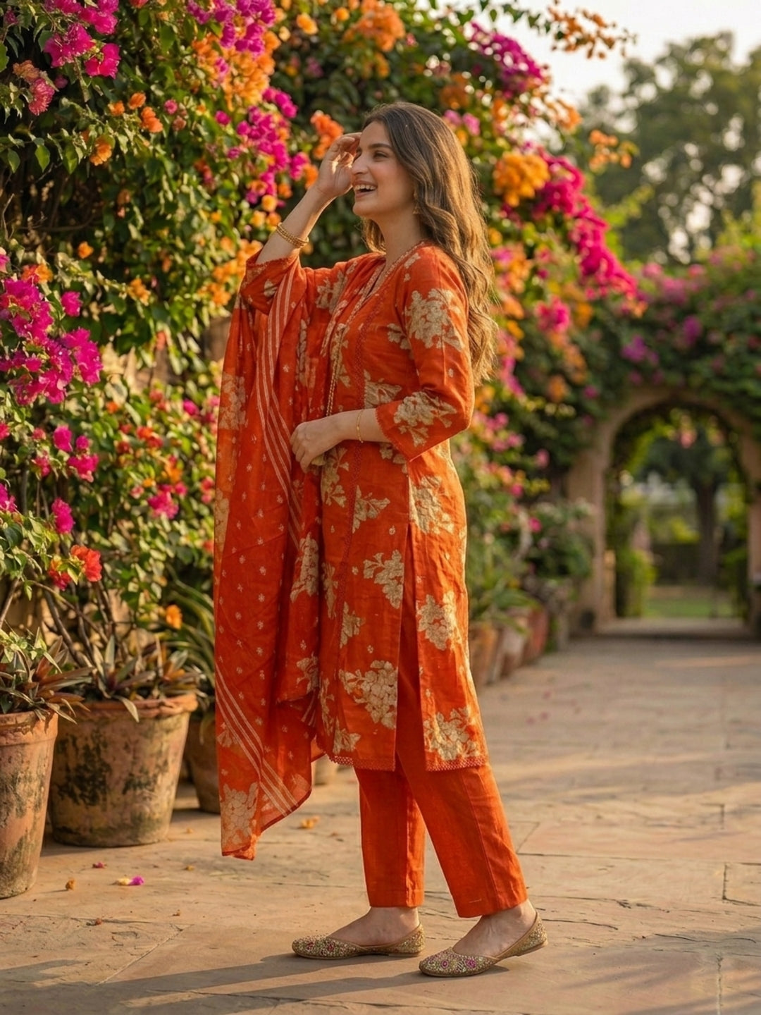 Floral Printed & Embroidered Straight Kurta with Pant & Dupatta - Orange