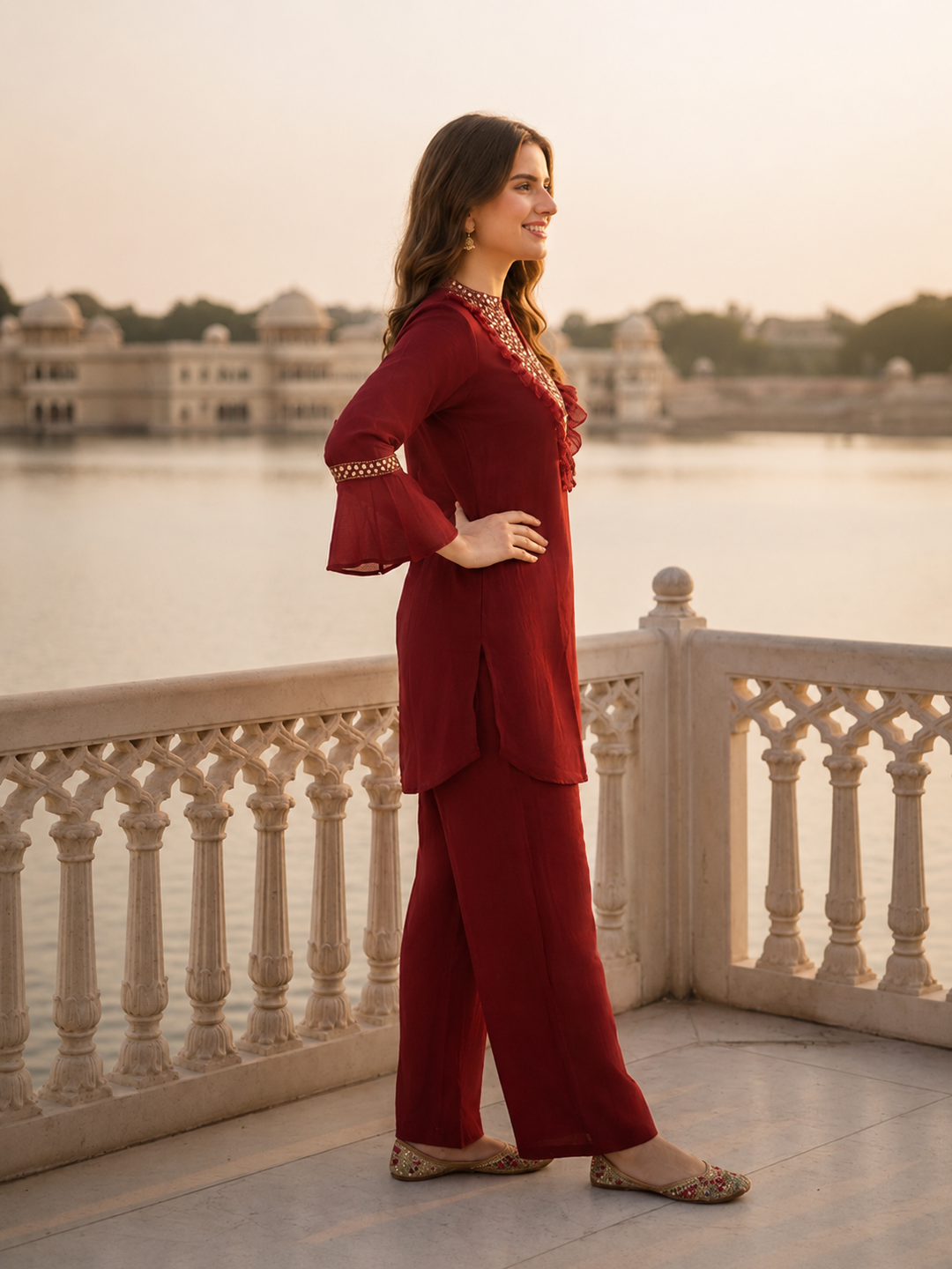 Maroon Solid Chiffon A-Line Kurta Set with Sequin Handwork & Tassel, Silk Crepe Palazzo