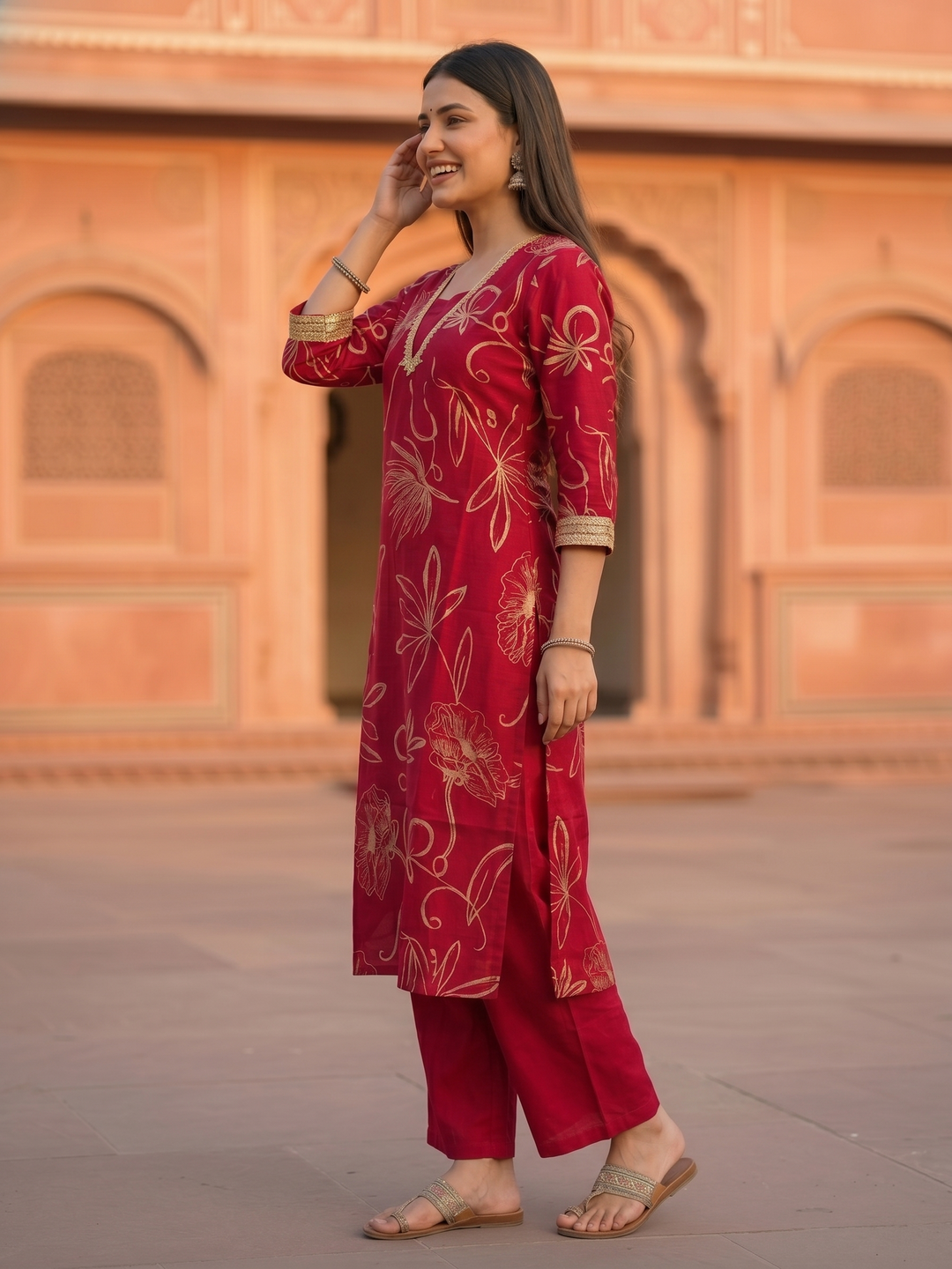 Abstract Floral Printed Straight Kurta with Palazzo Co-ord Set - Burgundy