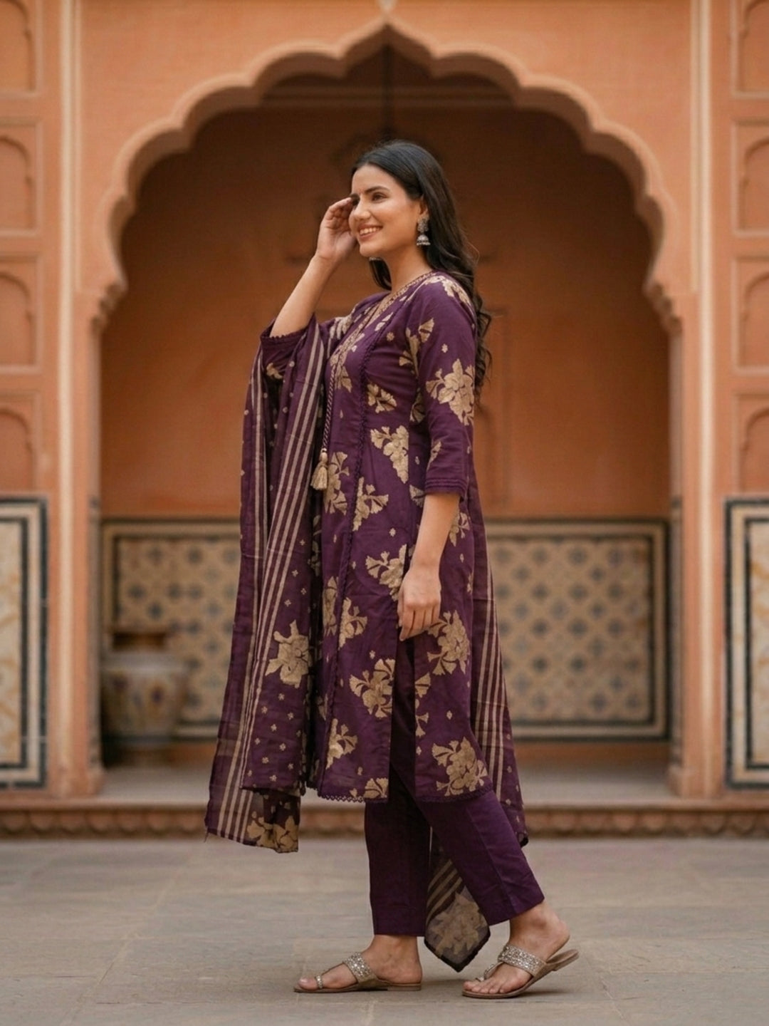 Floral Printed & Embroidered A-Line Kurta with Pant & Dupatta - Deep Purple