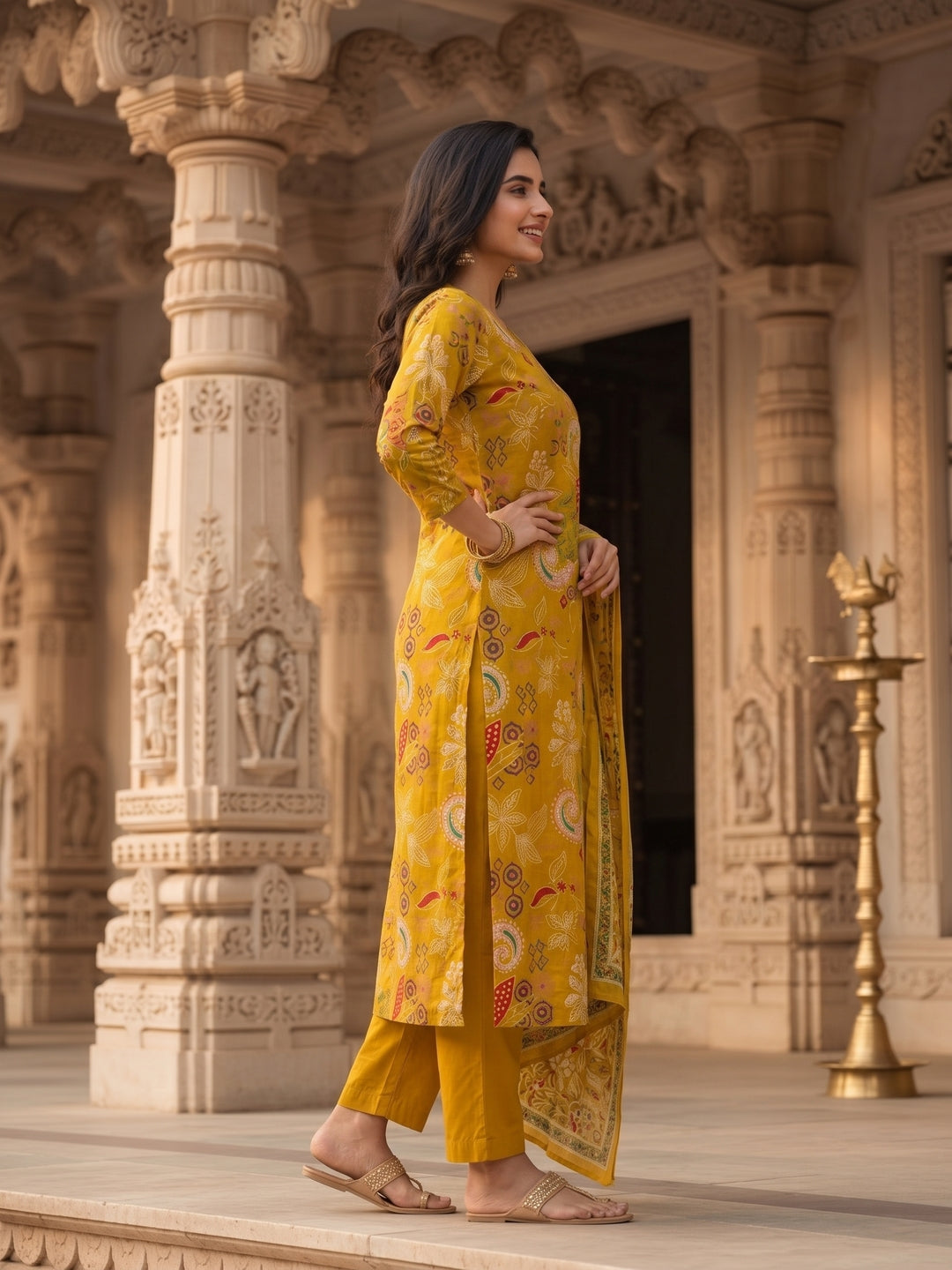 Floral Jaal Printed Straight Kurta with Pyjama & Dupatta - Mustard