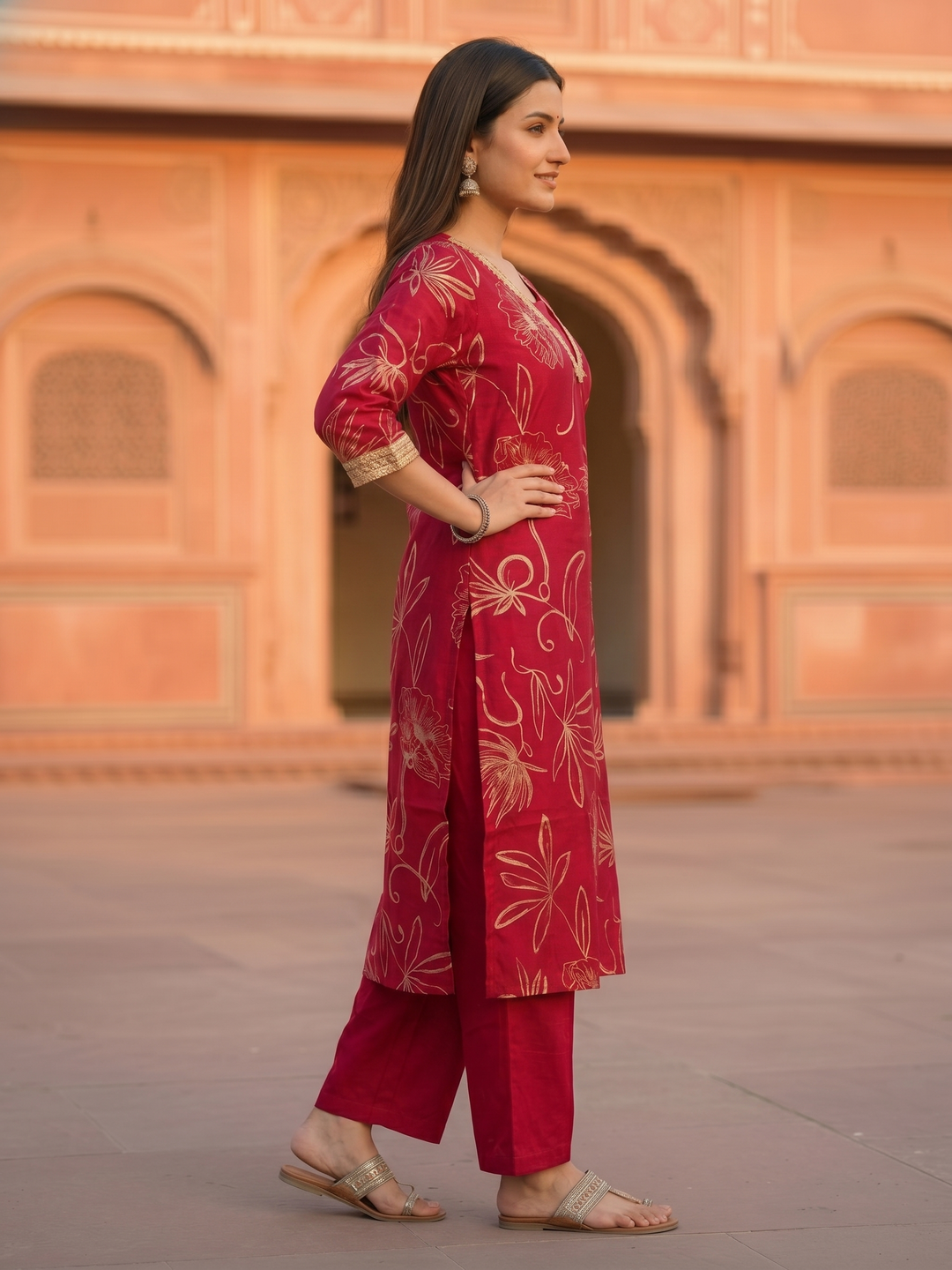 Abstract Floral Printed Straight Kurta with Palazzo Co-ord Set - Burgundy