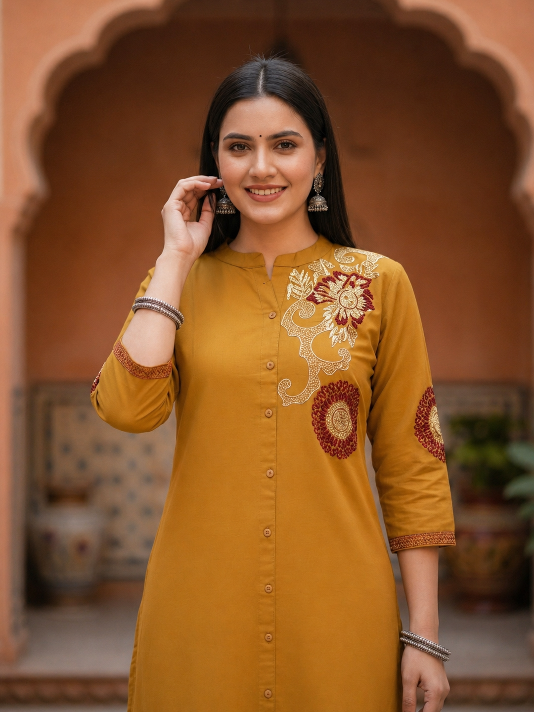 Solid Embroidered A-Line Kurta with Palazzo Co-ord Set - Mustard
