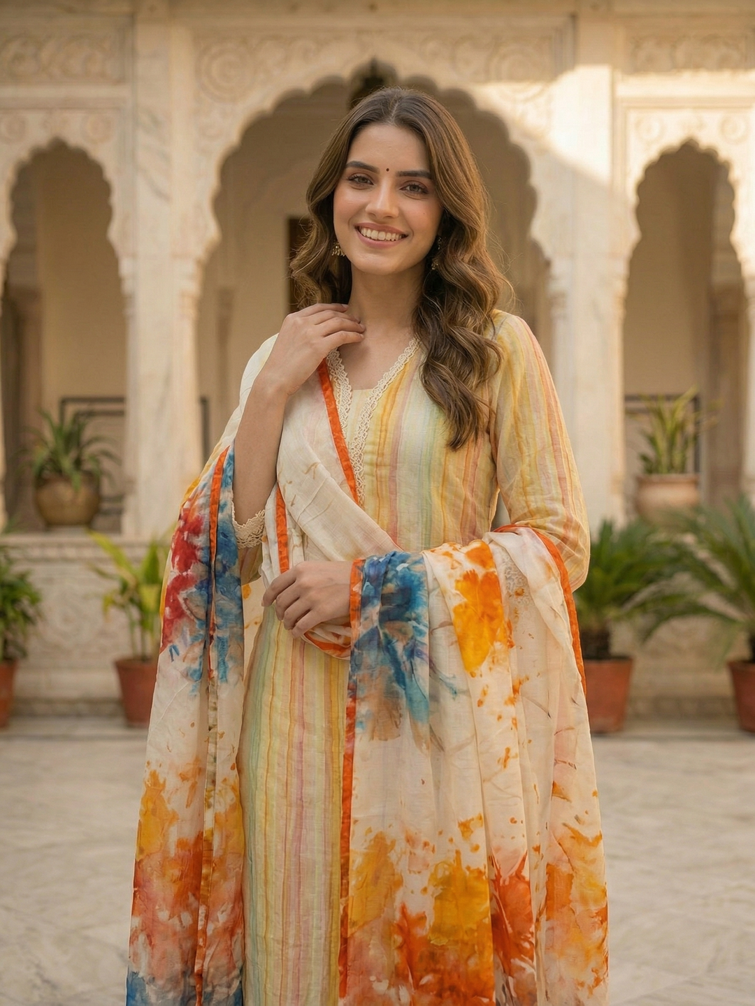 Checks & Stripes Printed Lace Straight Kurta with Pant & Dupatta - Multi