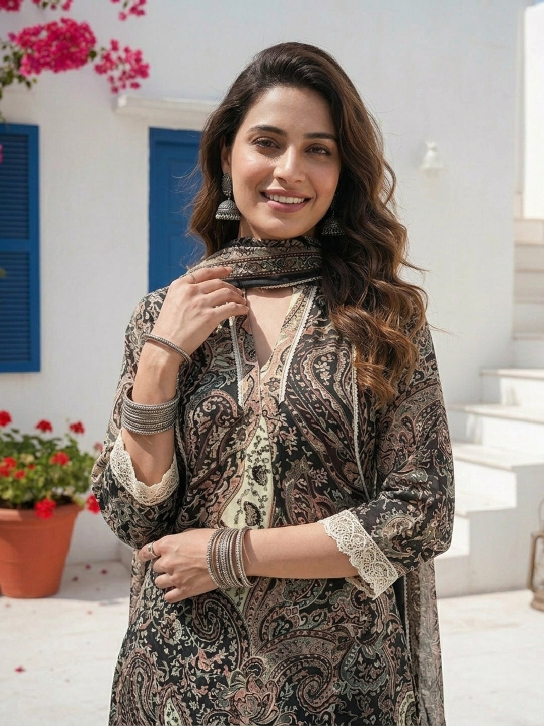 Paisley Ethnic Printed Lace A-Line Kurta with Palazzo & Dupatta - Black