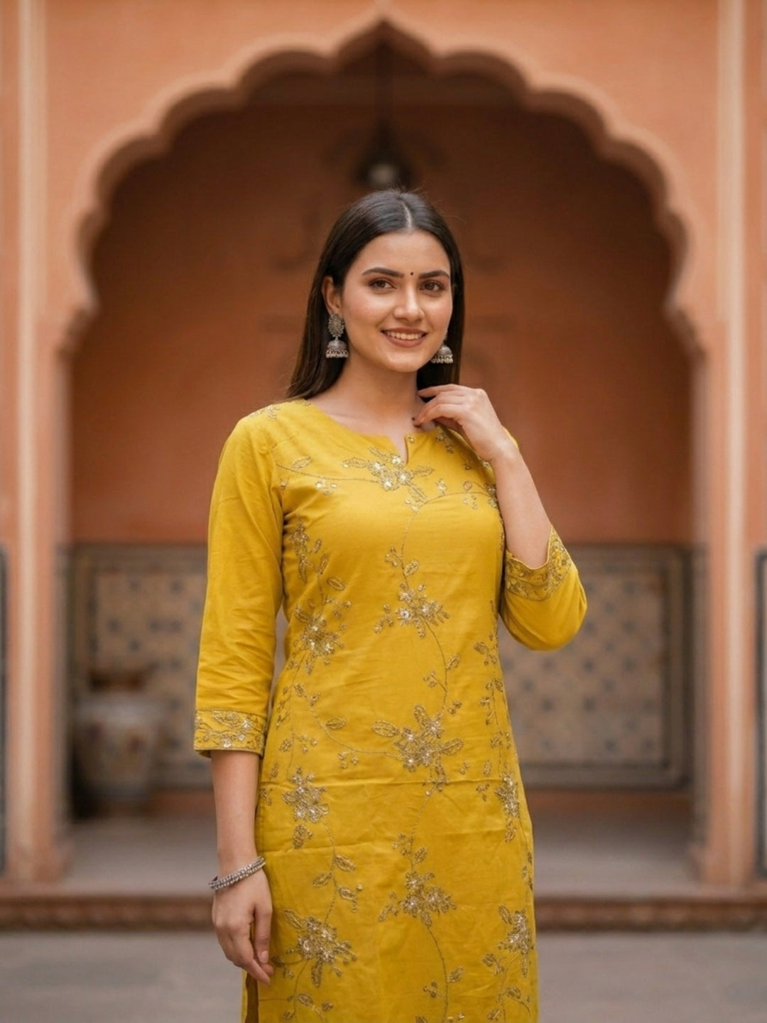 Solid Floral Embroidered Straight Kurta with Palazzo and Dupatta - Mustard