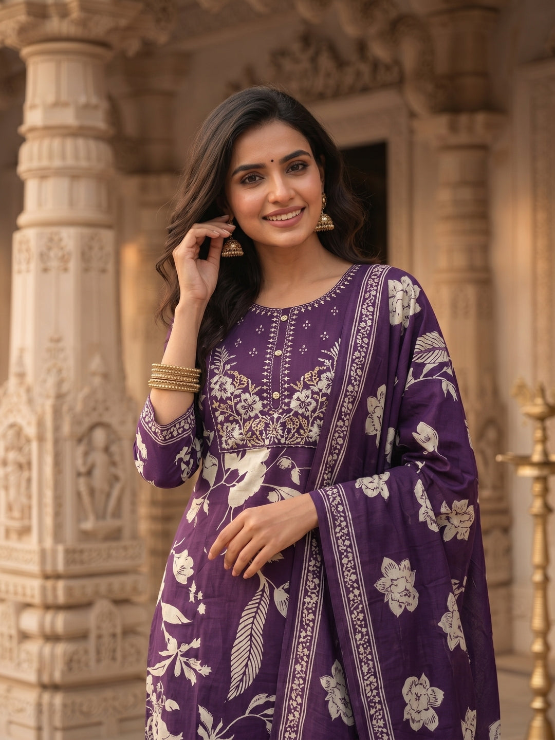 Floral Embroidered A-Line Cotton Kurta with Pant & Printed Voile Dupatta - Purple