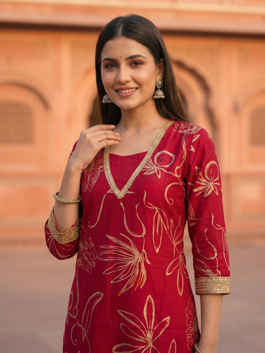 Abstract Floral Printed Straight Kurta with Palazzo Co-ord Set - Burgundy