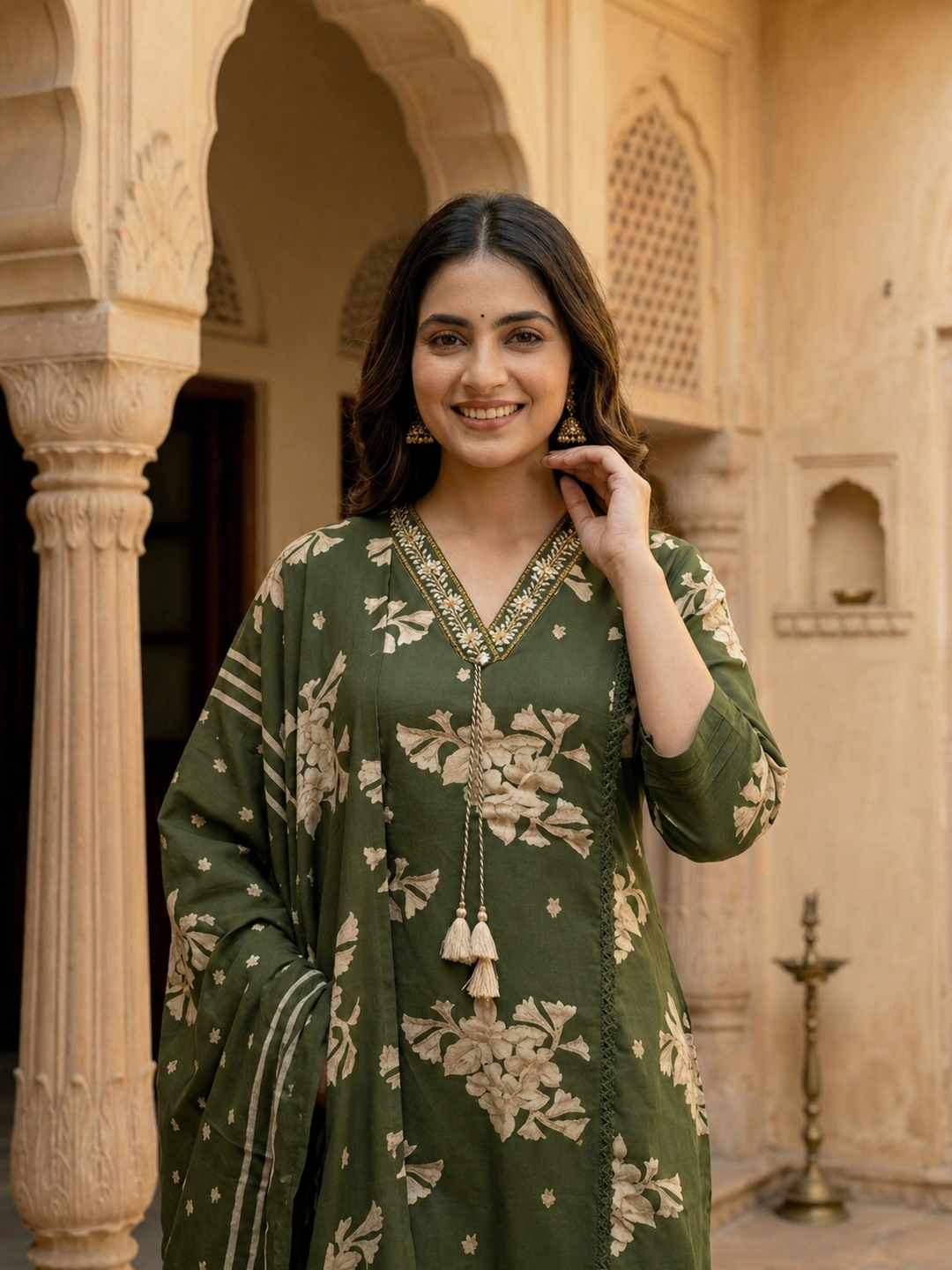 Floral Printed & Embroidered Straight Kurta with Pant & Dupatta - Green