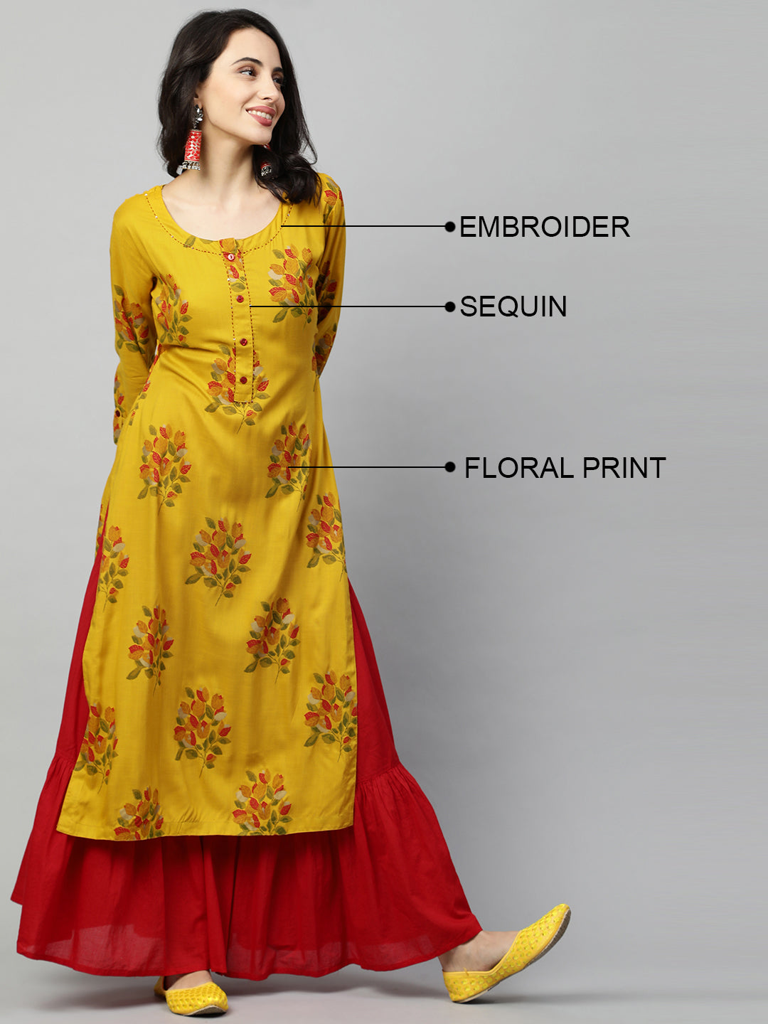 Ethnic Floral Printed & Kantha Embroidered Straight Kurta - Mustard