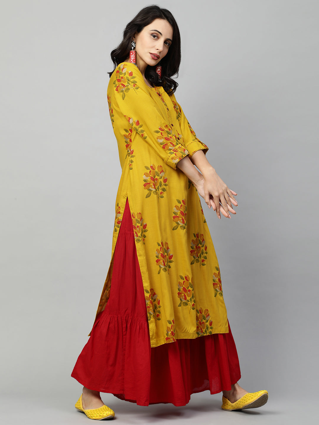Ethnic Floral Printed & Kantha Embroidered Straight Kurta - Mustard