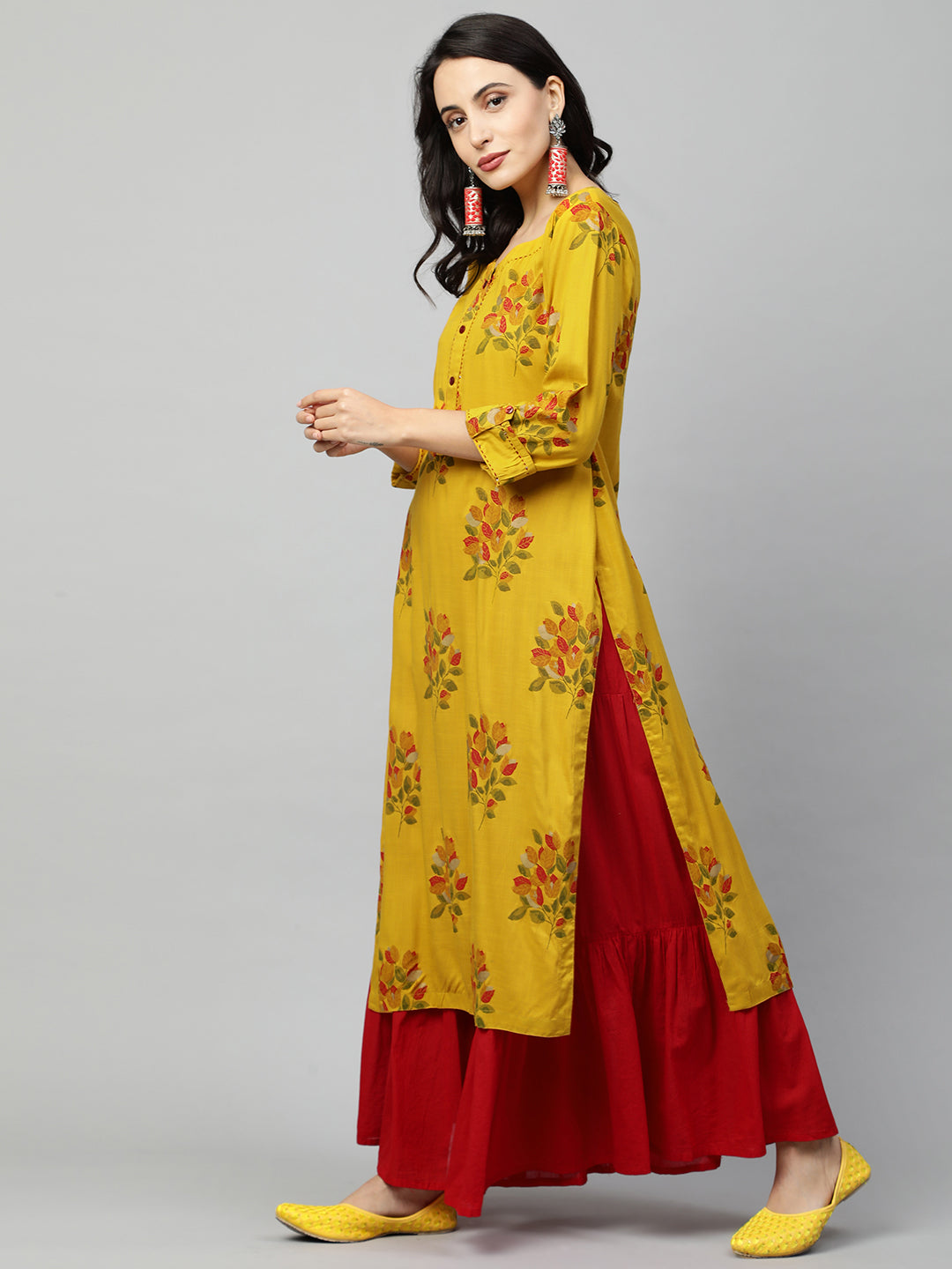 Ethnic Floral Printed & Kantha Embroidered Straight Kurta - Mustard