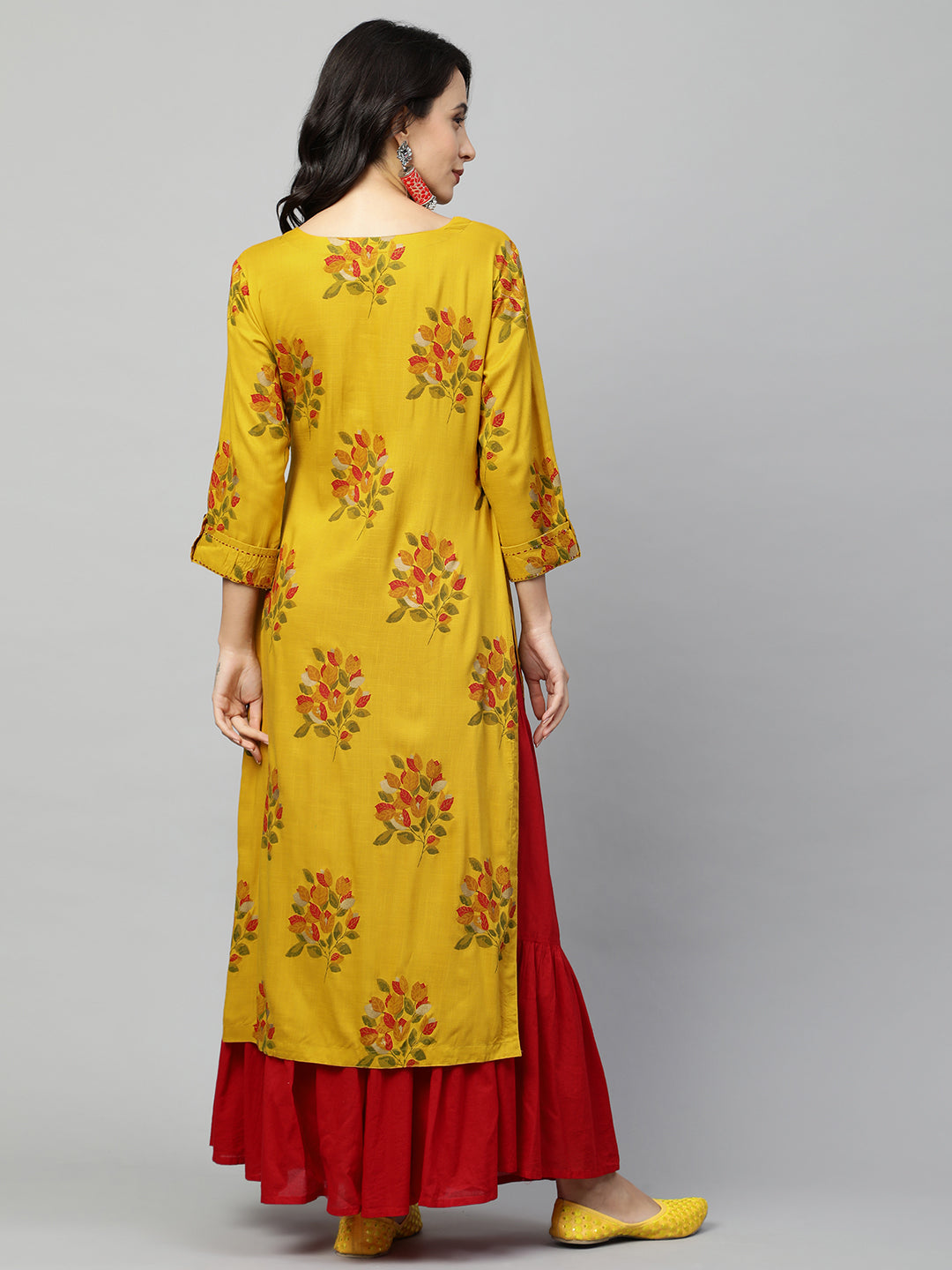Ethnic Floral Printed & Kantha Embroidered Straight Kurta - Mustard