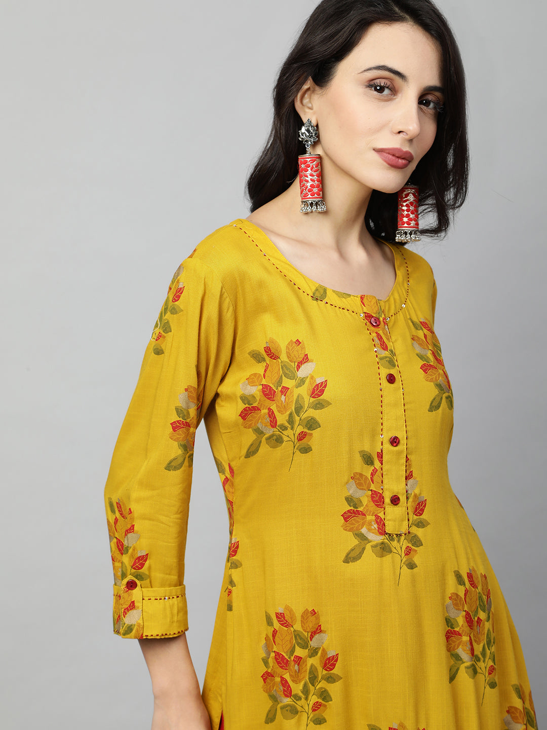 Ethnic Floral Printed & Kantha Embroidered Straight Kurta - Mustard