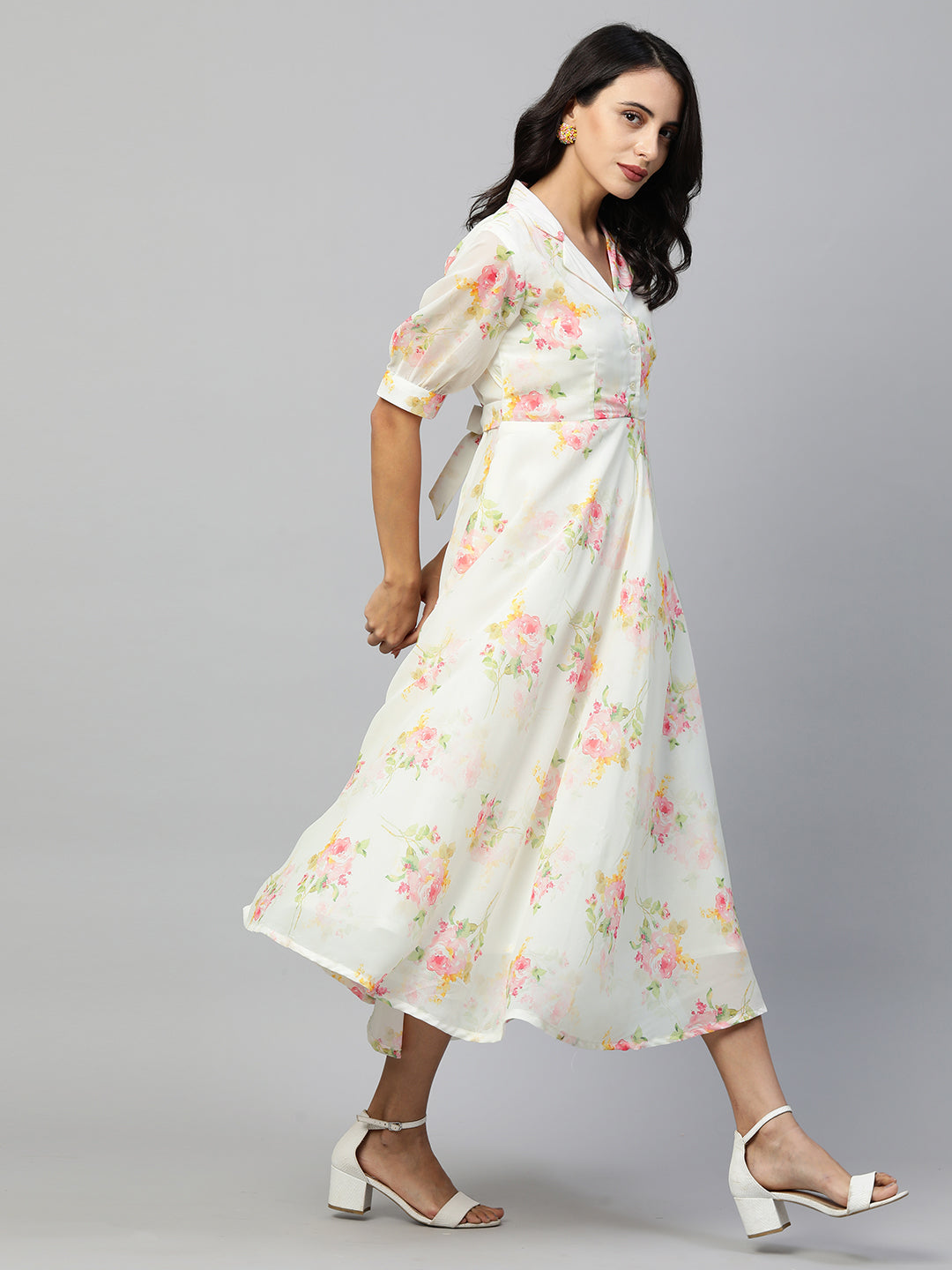 Vintage Floral Printed Georgette Flare Maxi - White