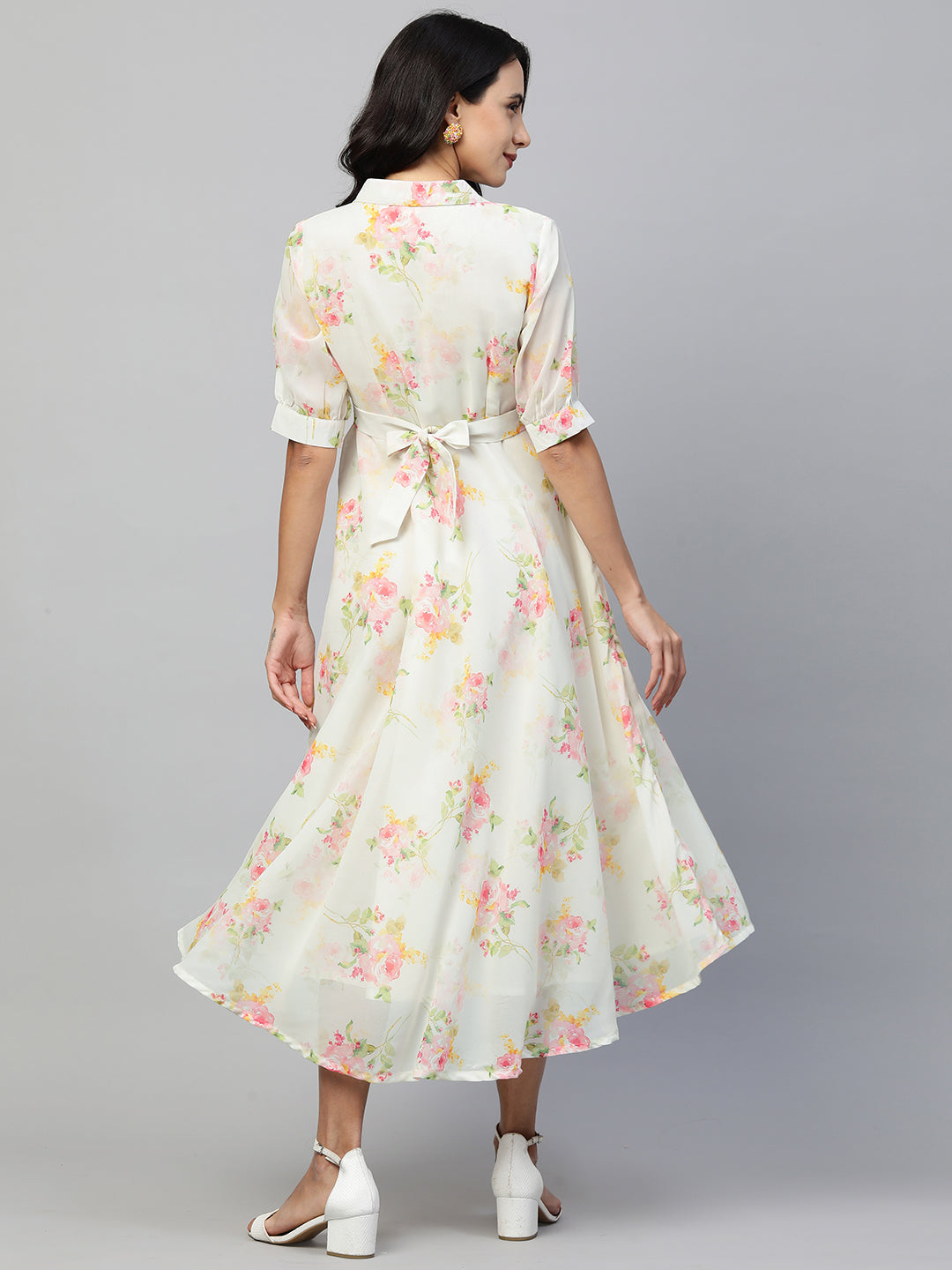 Vintage Floral Printed Georgette Flare Maxi - White