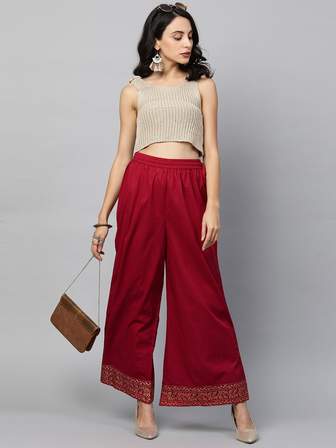 Ethnic Foil Printed Flared Palazzo - Deep Red – FASHOR