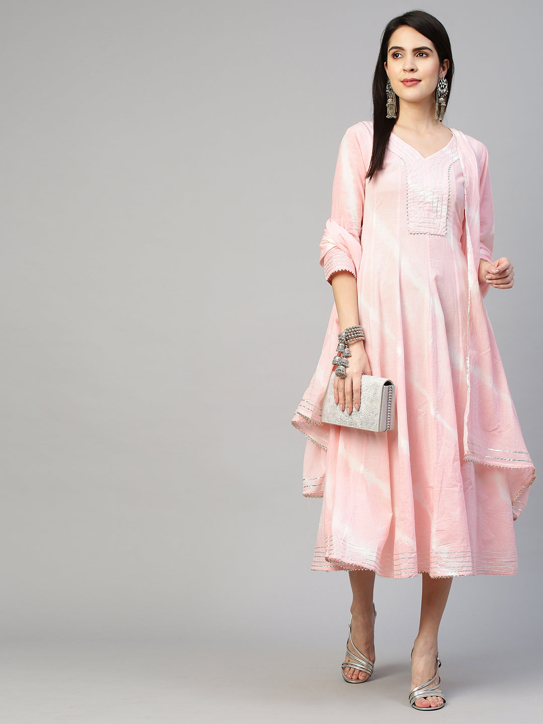 Leheriya & Gota Embroidered Dress with Dupatta - Powder Pink