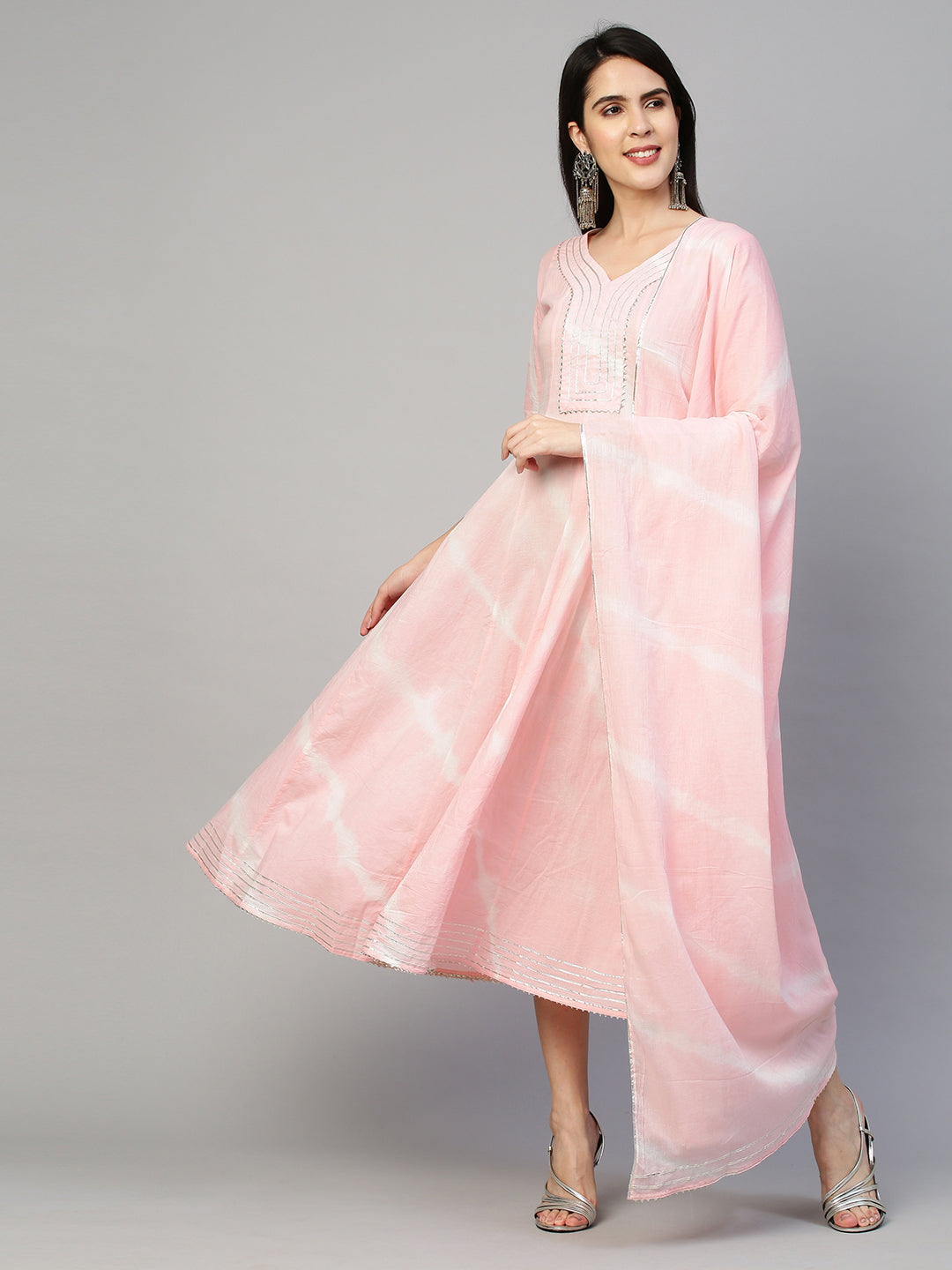 Leheriya & Gota Embroidered Dress with Dupatta - Powder Pink