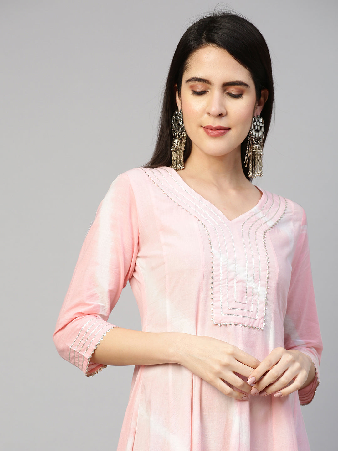 Leheriya & Gota Embroidered Dress with Dupatta - Powder Pink