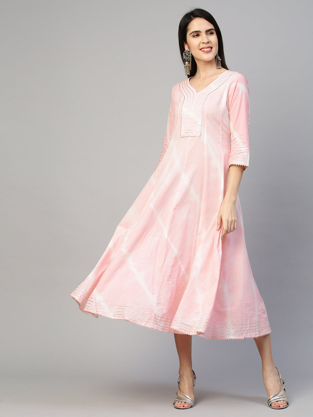 Leheriya & Gota Embroidered Dress with Dupatta - Powder Pink