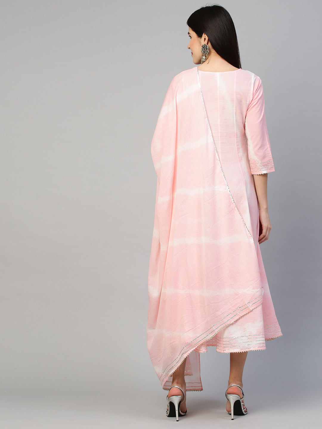 Leheriya & Gota Embroidered Dress with Dupatta - Powder Pink