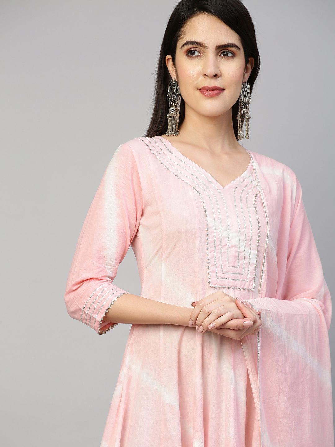 Leheriya & Gota Embroidered Dress with Dupatta - Powder Pink