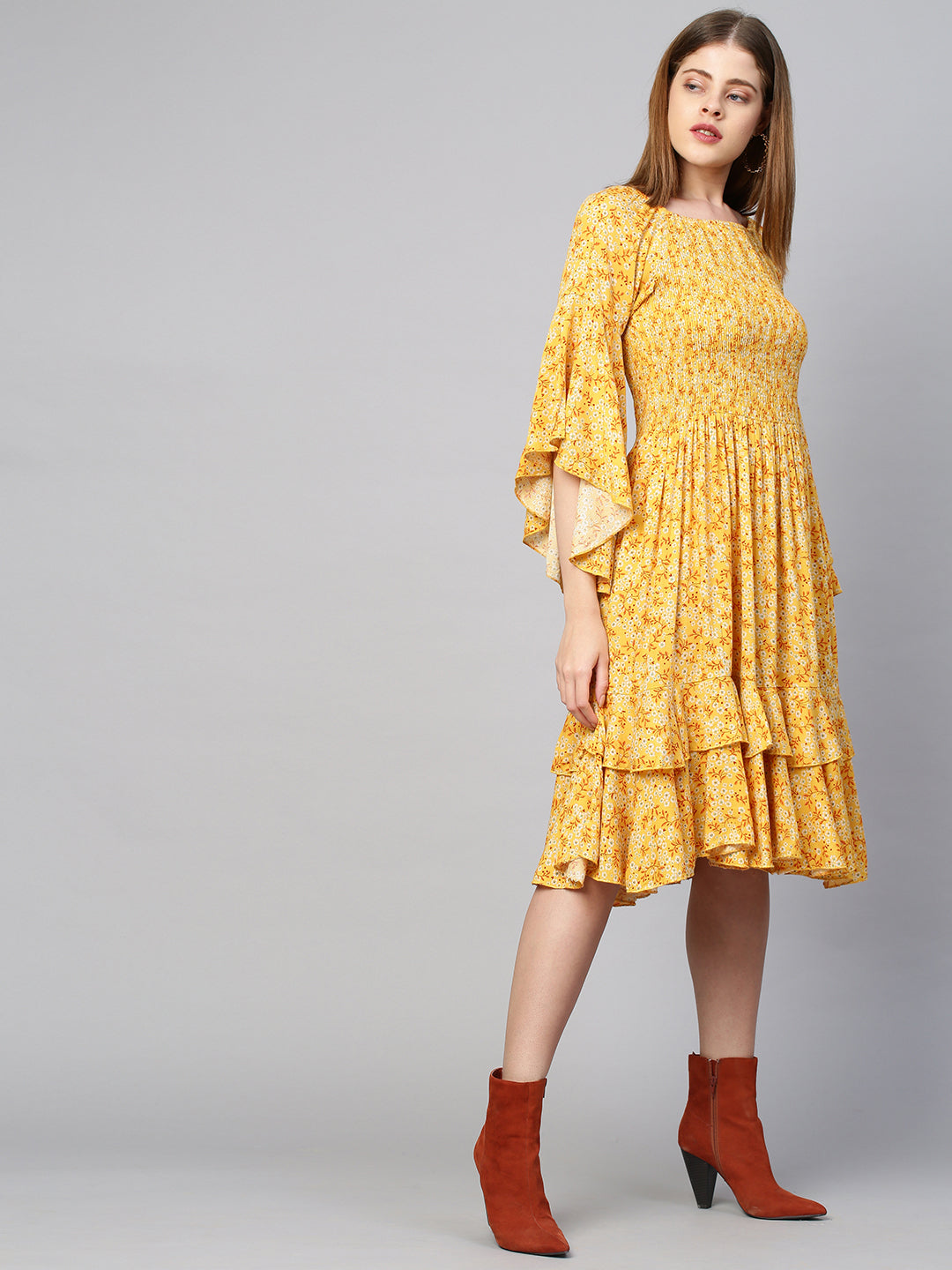 Ditsy Floral & Smocked Tiered Dress - Bright Yellow