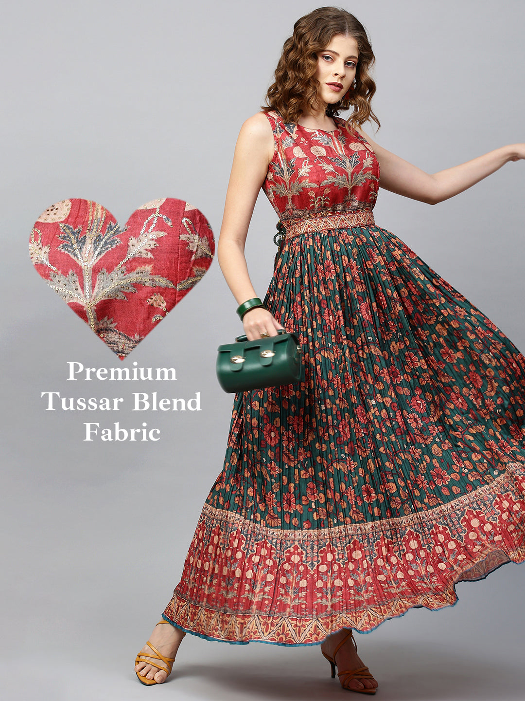 Floral Printed & Embellished Maxi Dress with Belt - Bottle Green