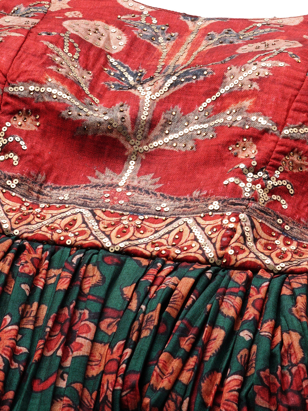 Floral Printed & Embellished Maxi Dress with Belt - Bottle Green