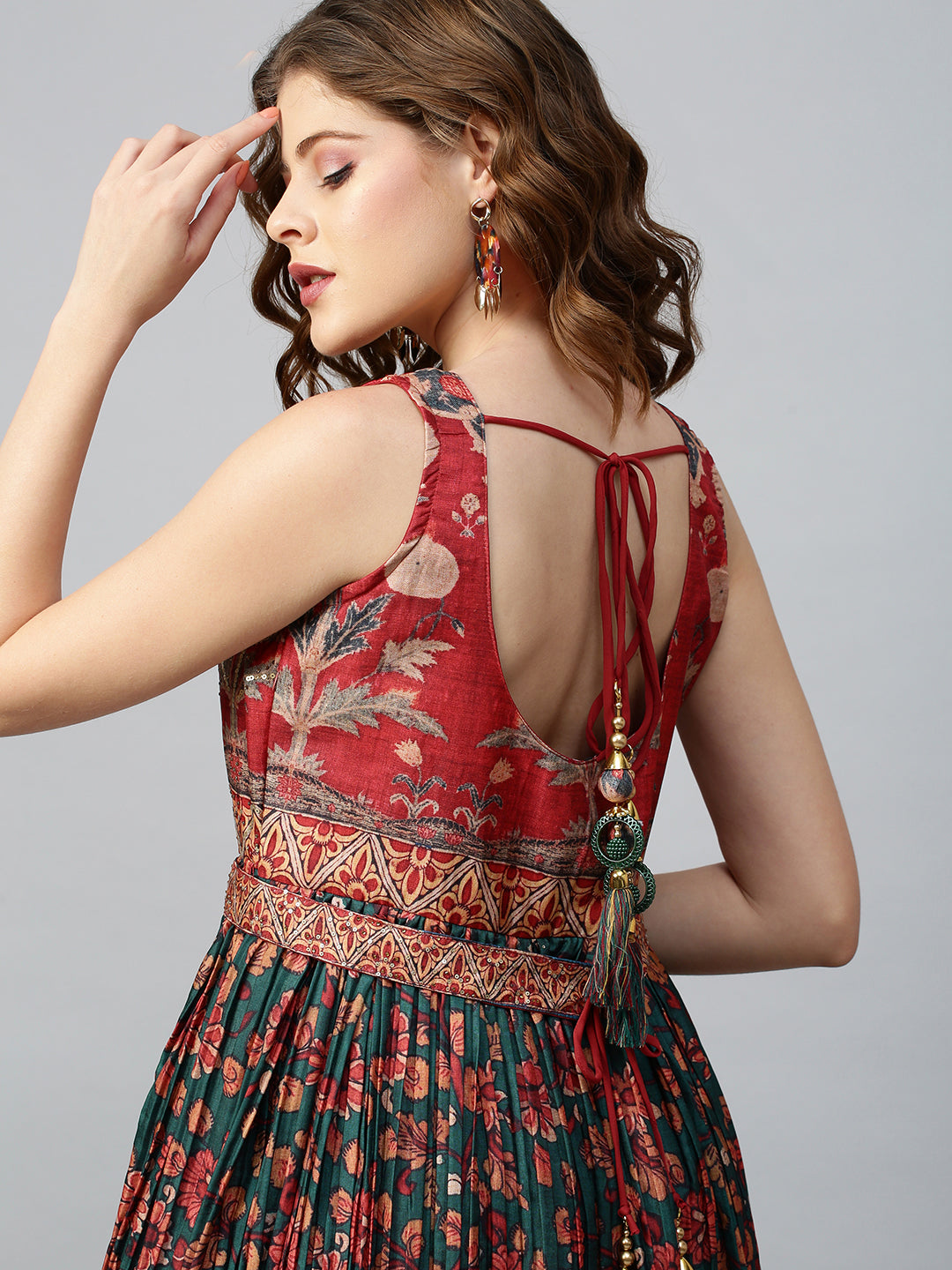 Floral Printed & Embellished Maxi Dress with Belt - Bottle Green