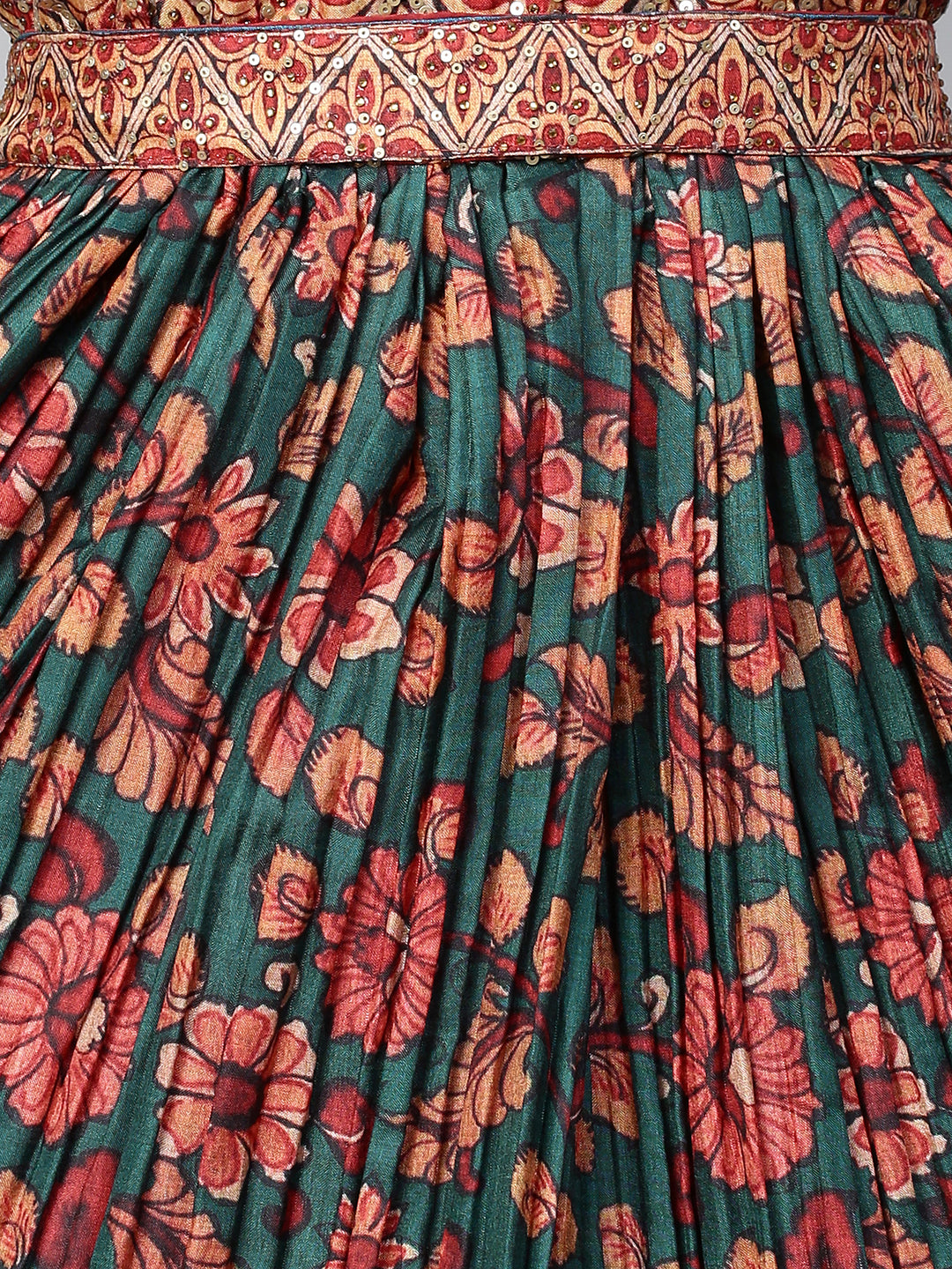 Floral Printed & Embellished Maxi Dress with Belt - Bottle Green