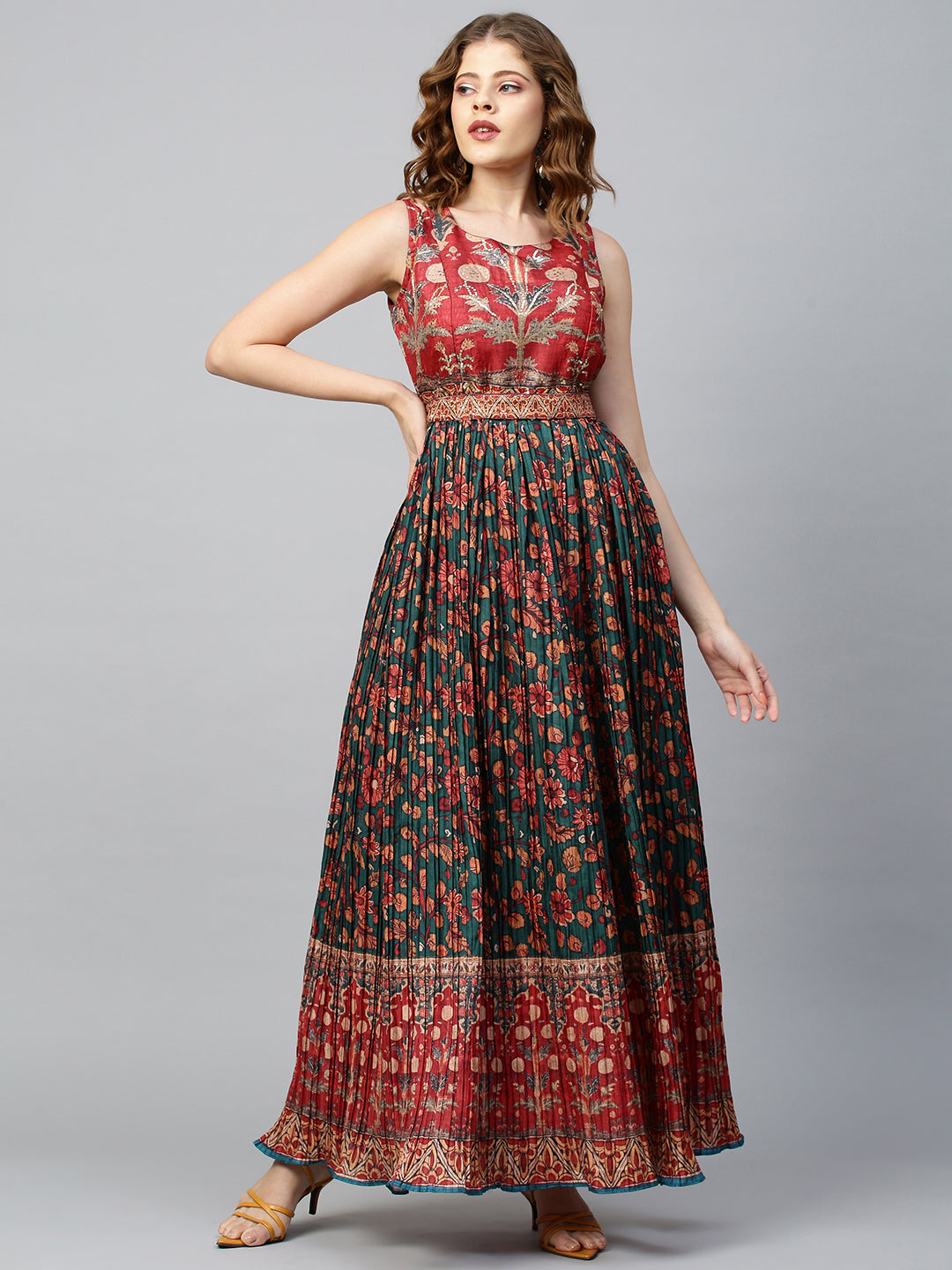 Floral Printed & Embellished Maxi Dress with Belt - Bottle Green