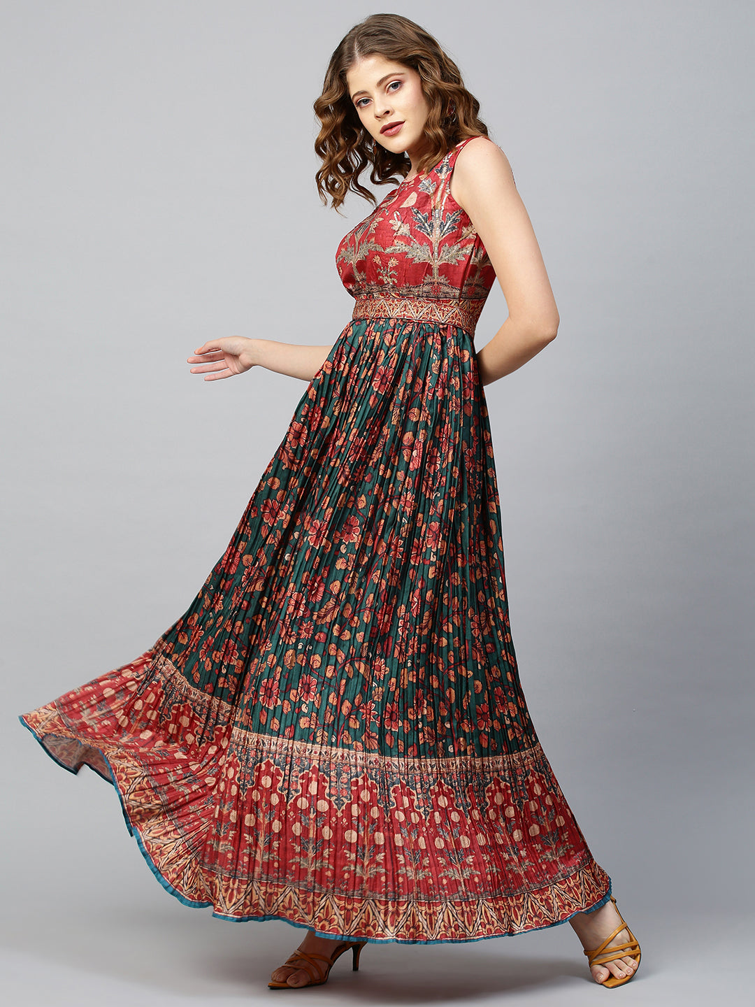 Floral Printed & Embellished Maxi Dress with Belt - Bottle Green