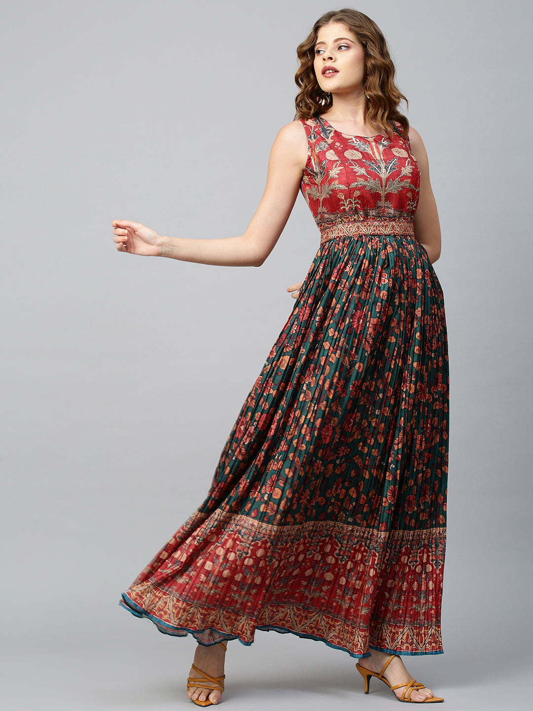 Floral Printed & Embellished Maxi Dress with Belt - Bottle Green