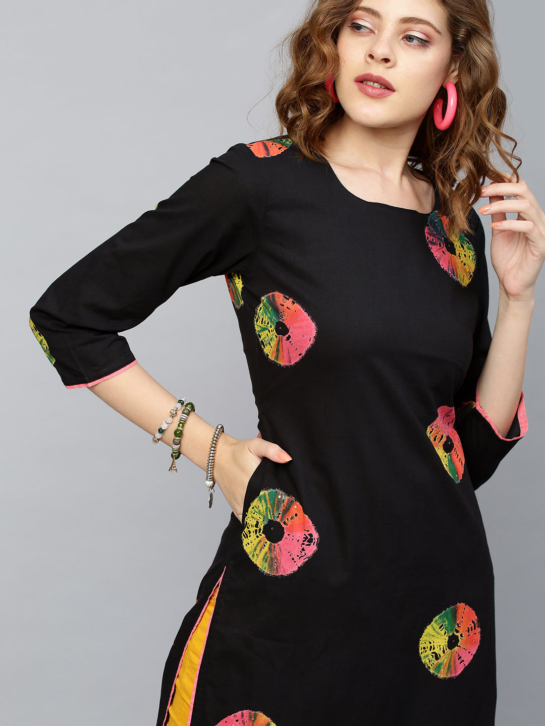 Colorful Bandhej Kurta - Black