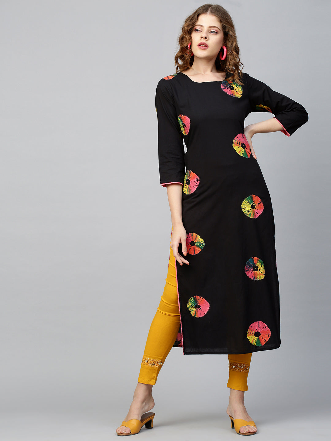 Colorful Bandhej Kurta - Black