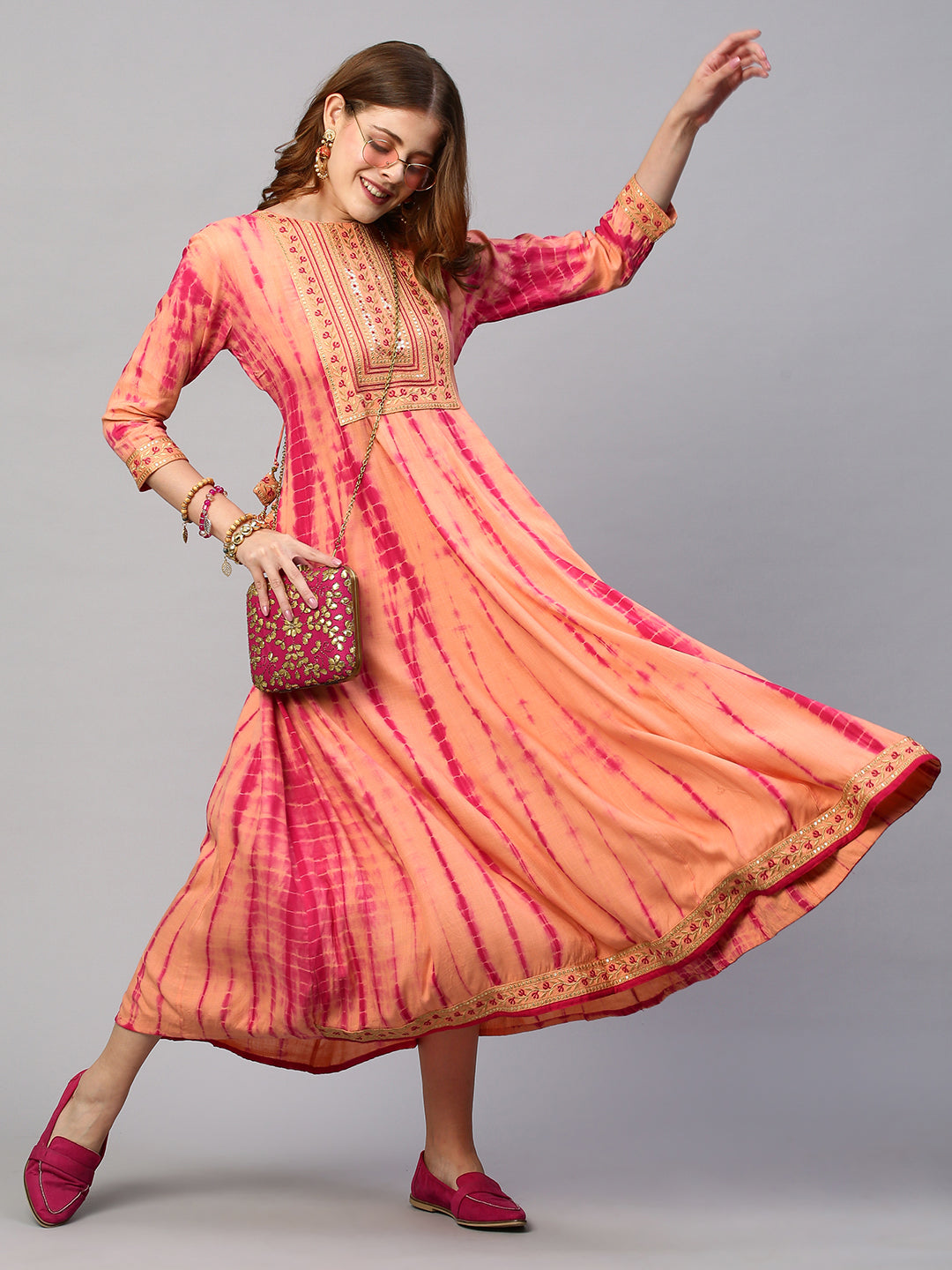 Ethnic Embroidered & Tie - Dyed Maxi Dress - Peach FASHOR Ethnic Embroidered & Tie - Dyed Maxi Dress - Peach FASHOR
