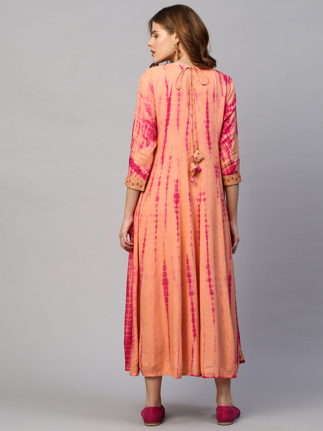 Ethnic Embroidered & Tie - Dyed Maxi Dress - Peach