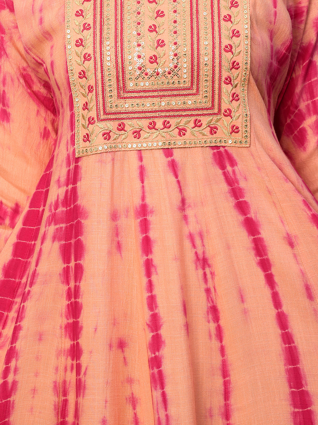 Ethnic Embroidered & Tie - Dyed Maxi Dress - Peach