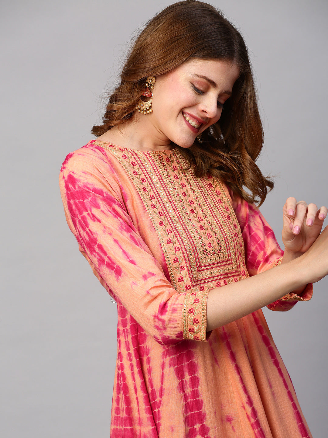 Ethnic Embroidered & Tie - Dyed Maxi Dress - Peach