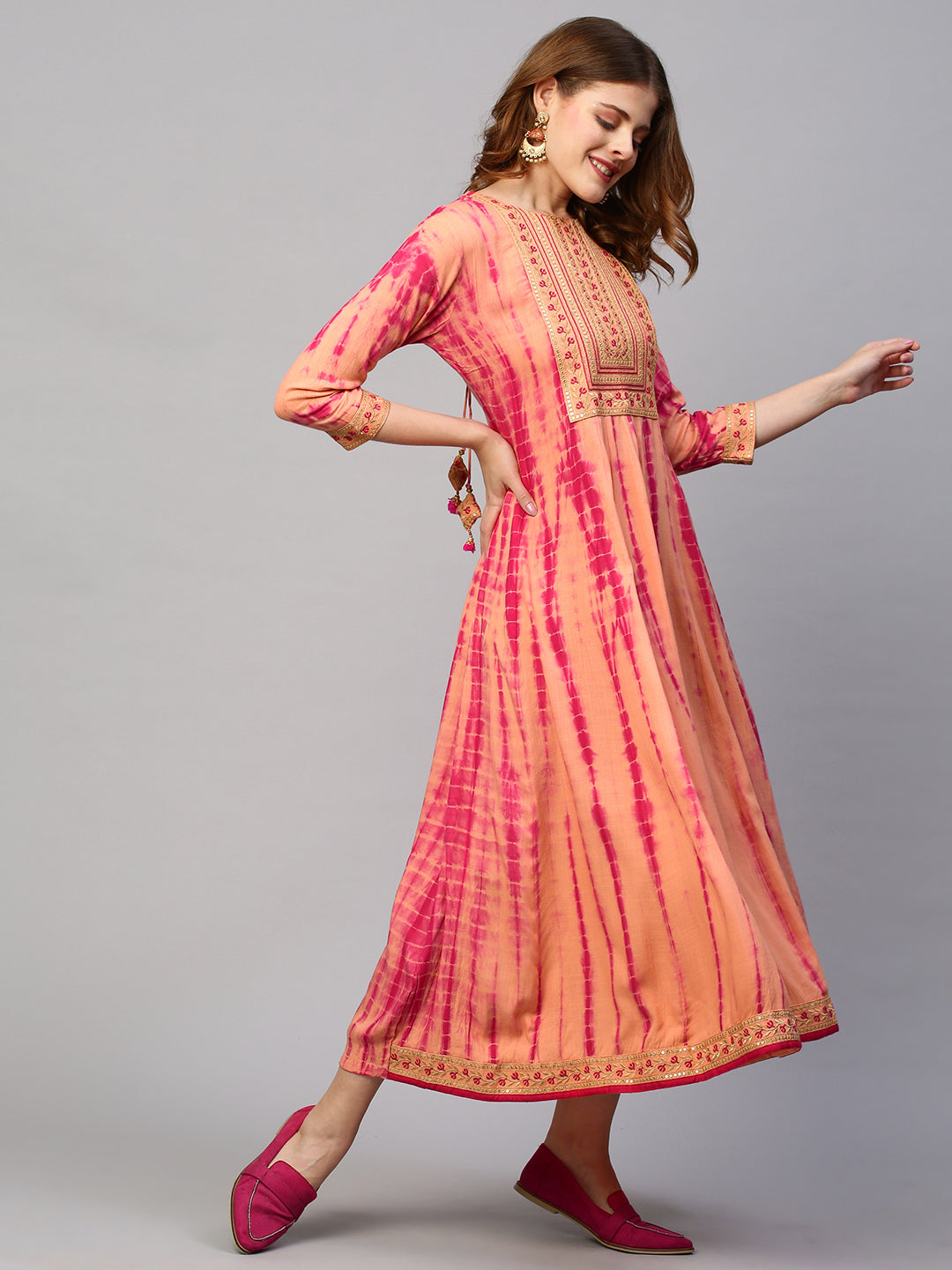 Ethnic Embroidered & Tie - Dyed Maxi Dress - Peach