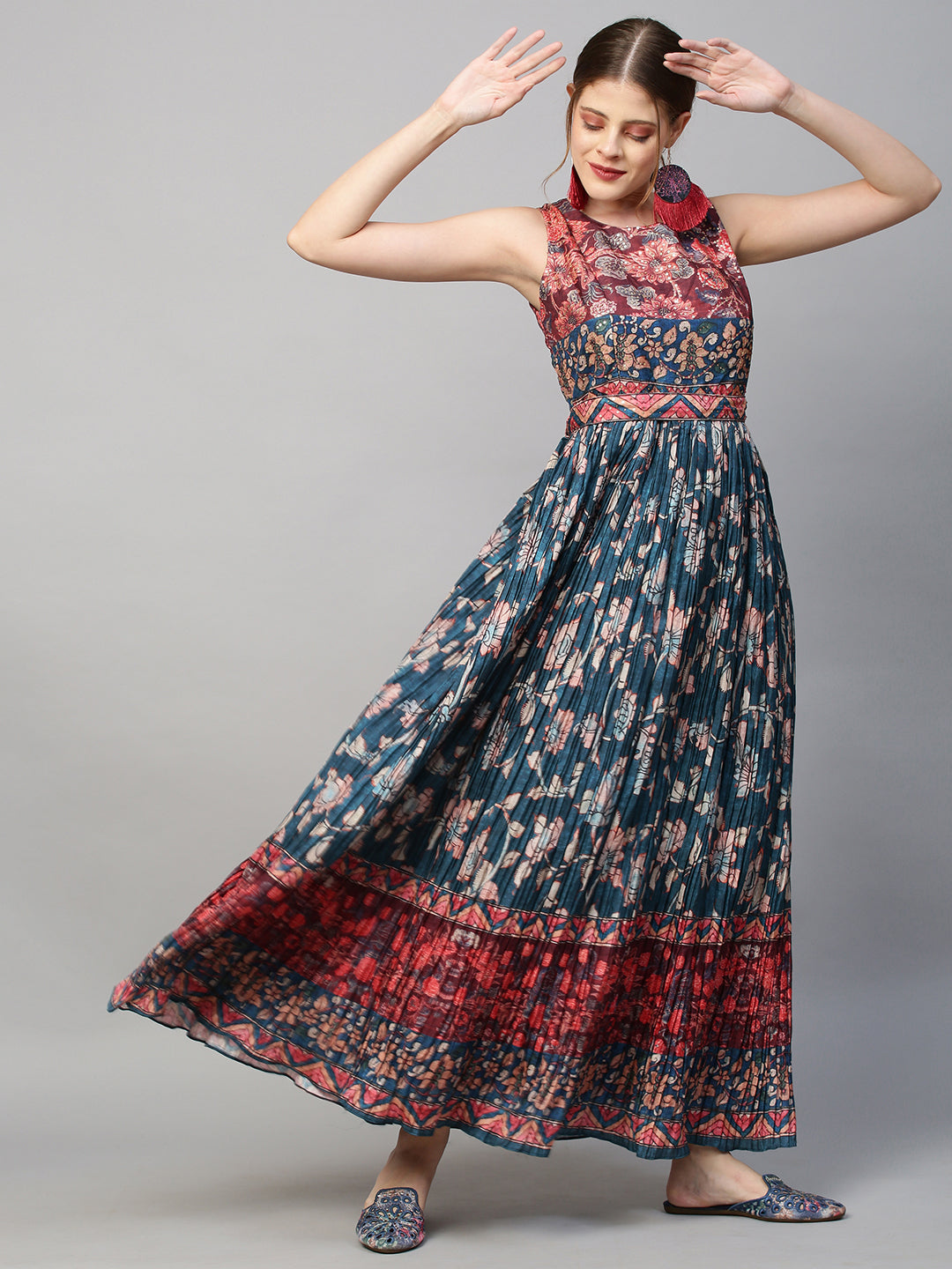 Ethnic Printed & Sequin Embroidered Maxi Flared Dress & Belt - Teal Blue