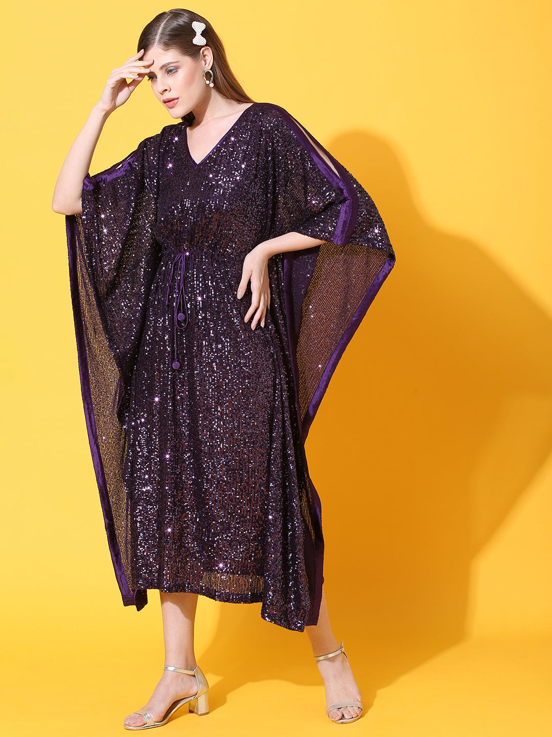 Sequin Embroidered Kaftan Midi Dress with Inner - Deep Purple