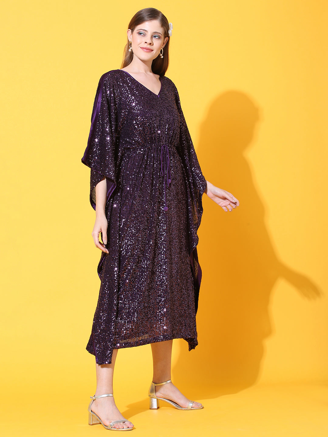 Sequin Embroidered Kaftan Midi Dress with Inner - Deep Purple