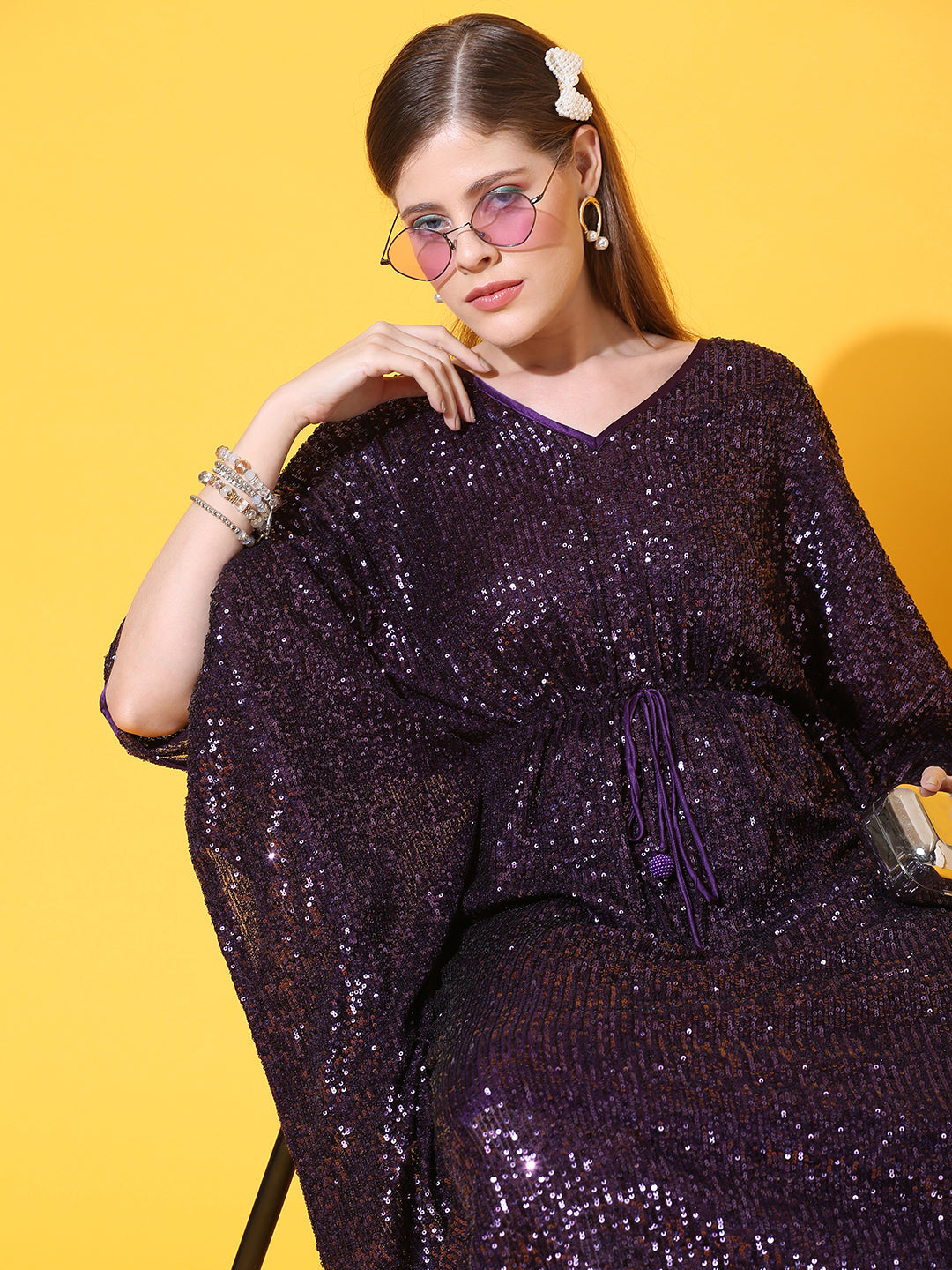 Sequin Embroidered Kaftan Midi Dress with Inner - Deep Purple