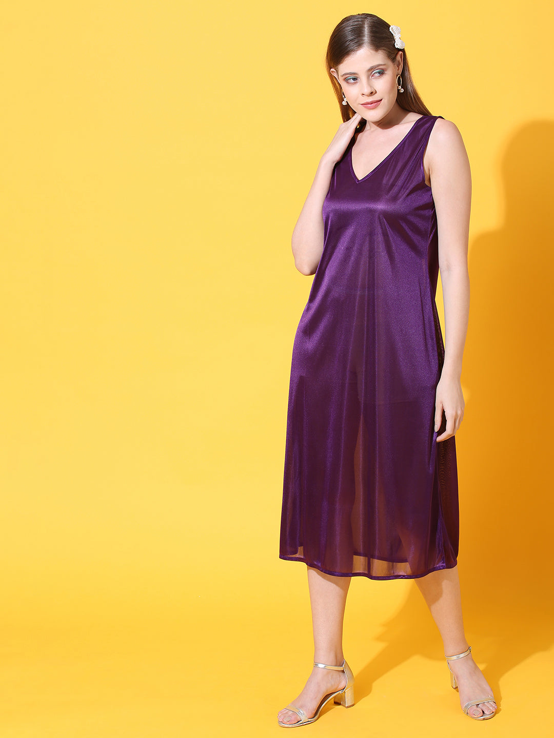 Sequin Embroidered Kaftan Midi Dress with Inner - Deep Purple