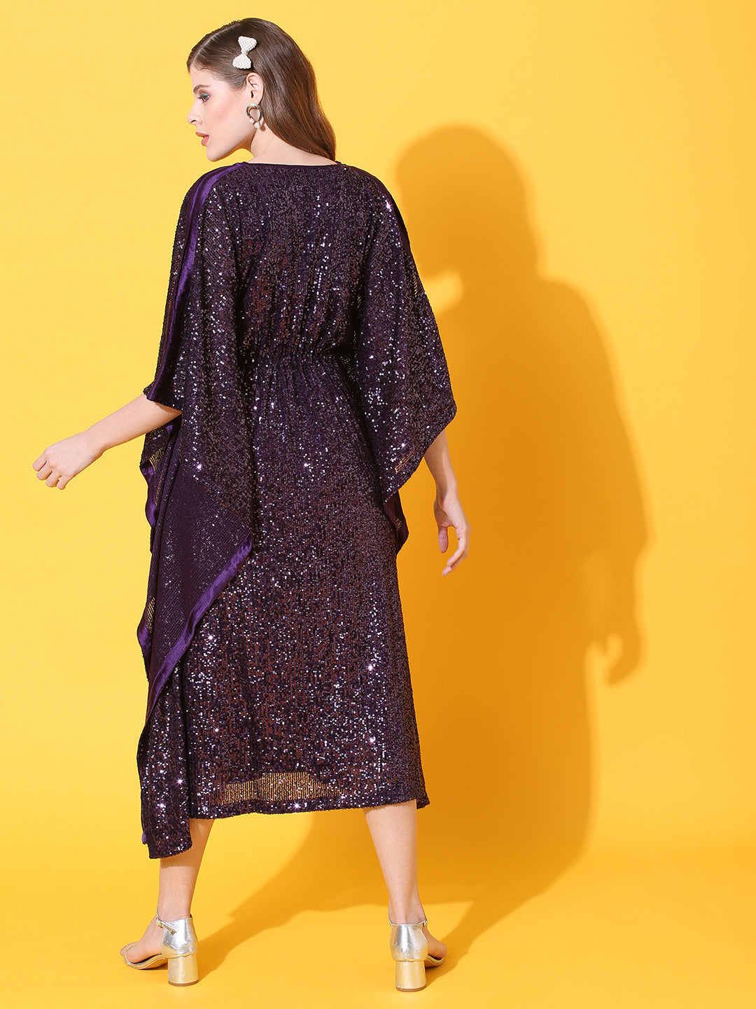 Sequin Embroidered Kaftan Midi Dress with Inner - Deep Purple