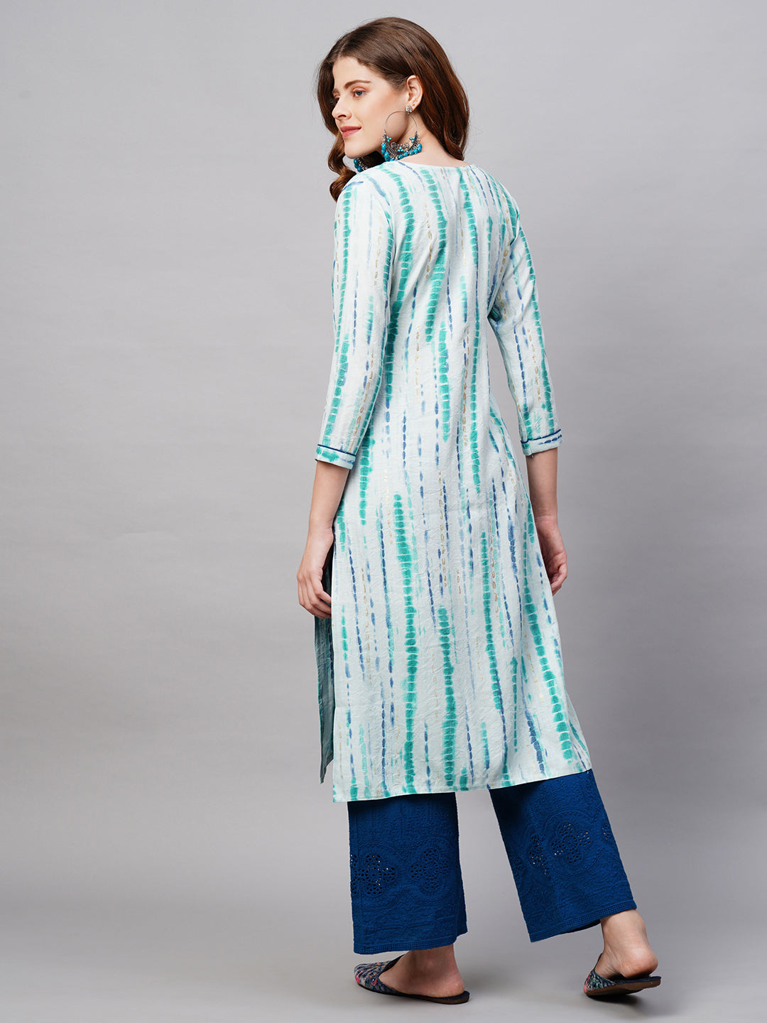 Ethnic Tie-Dye Printed Straight Fit Kurta - Light Aqua Blue